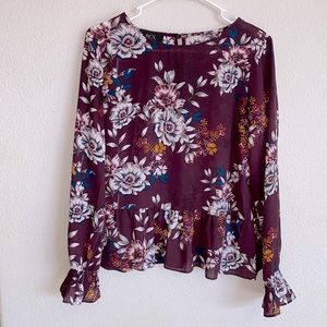 BCX Floral Maroon Long Sleeve Blouse